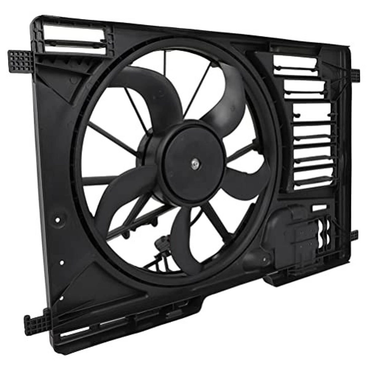 Black radiator fan assembly angled side view with cooling fan and vent grille fins