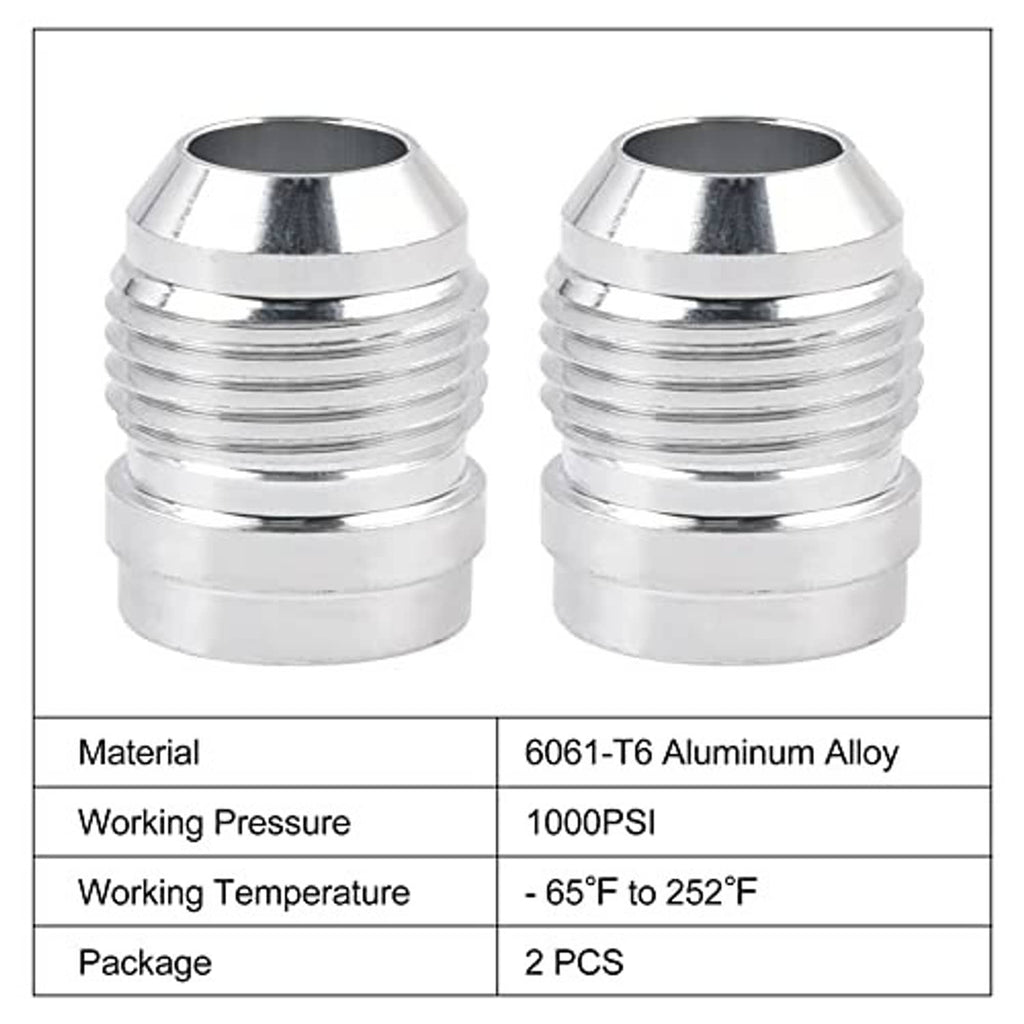 Two silver aluminum weld-on bung fittings with male threaded ends and wide flange