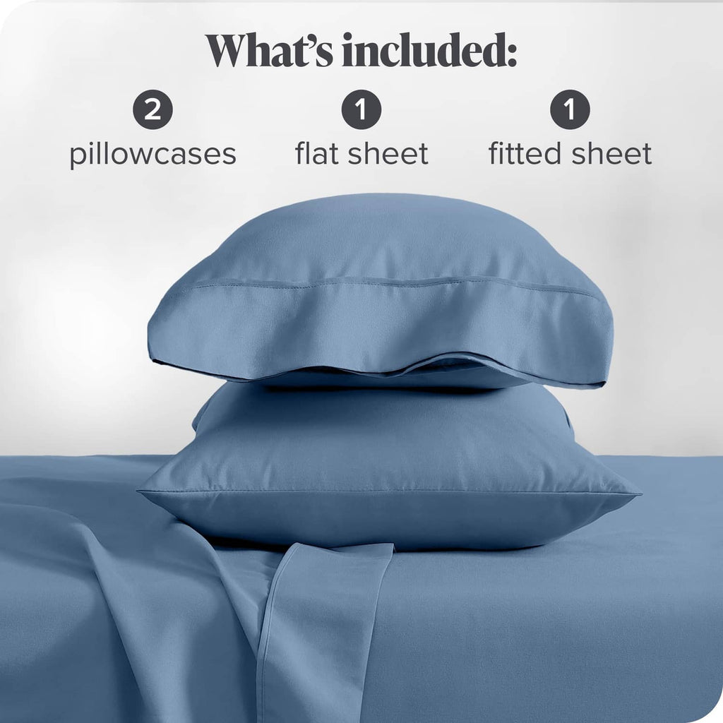 Blue microfiber bedding set showing fitted sheet with two pillowcases and flat sheet
