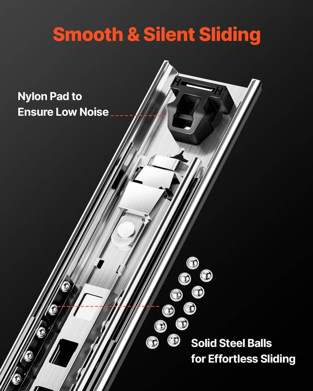Ball bearing drawer slide with nylon pad for smooth, quiet sliding