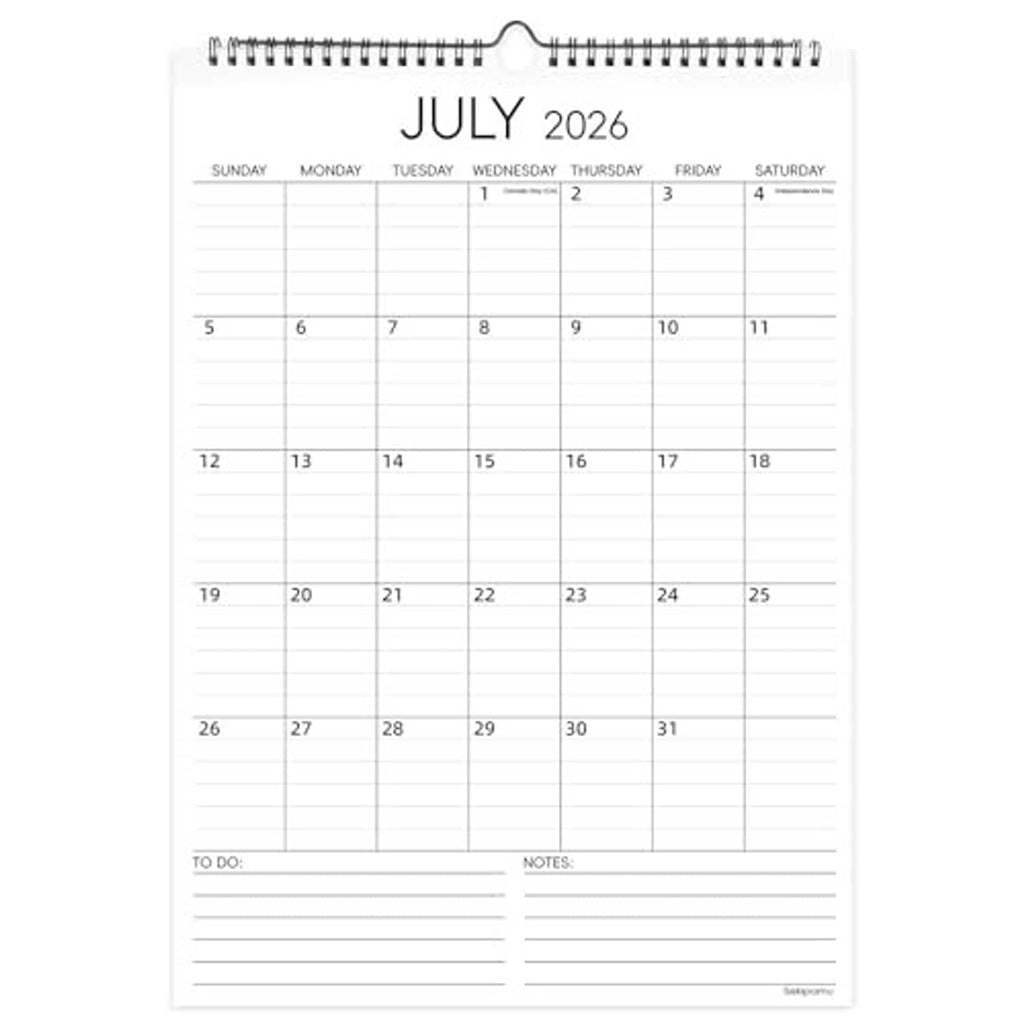 July 2026 wall calendar with monthly layout, weekday headers, and blank writing lines