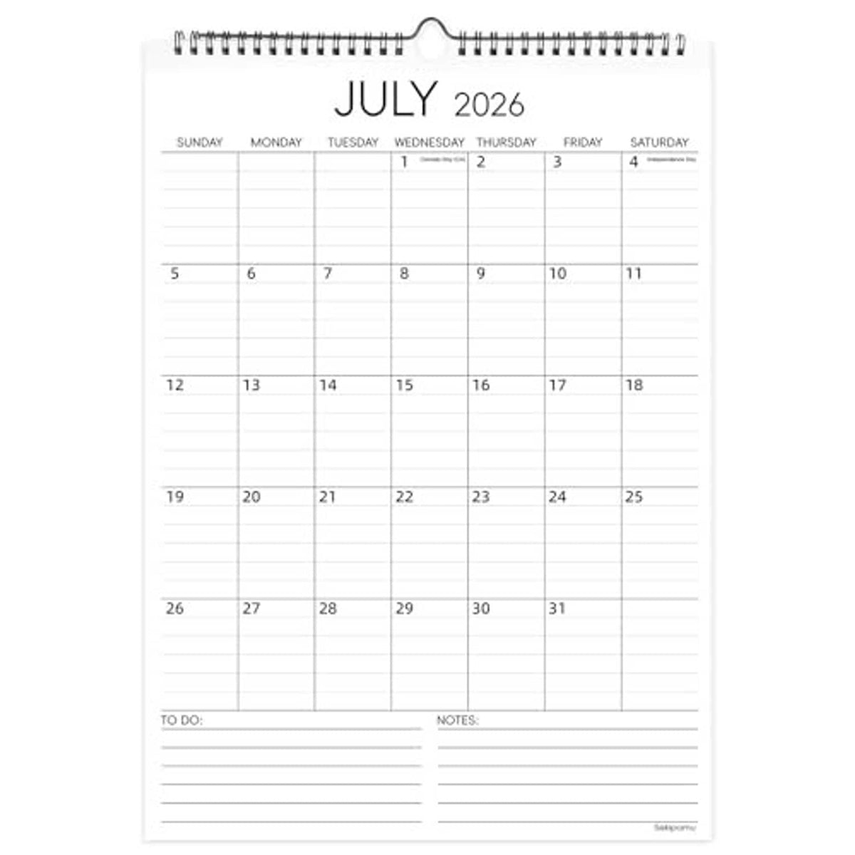 July 2026 wall calendar with monthly layout, weekday headers, and blank writing lines