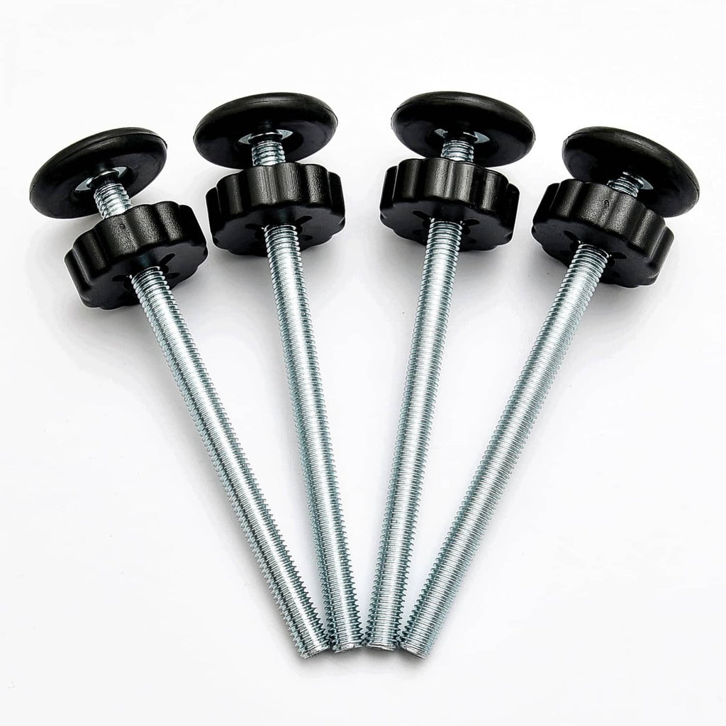 Set of black gate spindle knobs with four long silver threaded rods