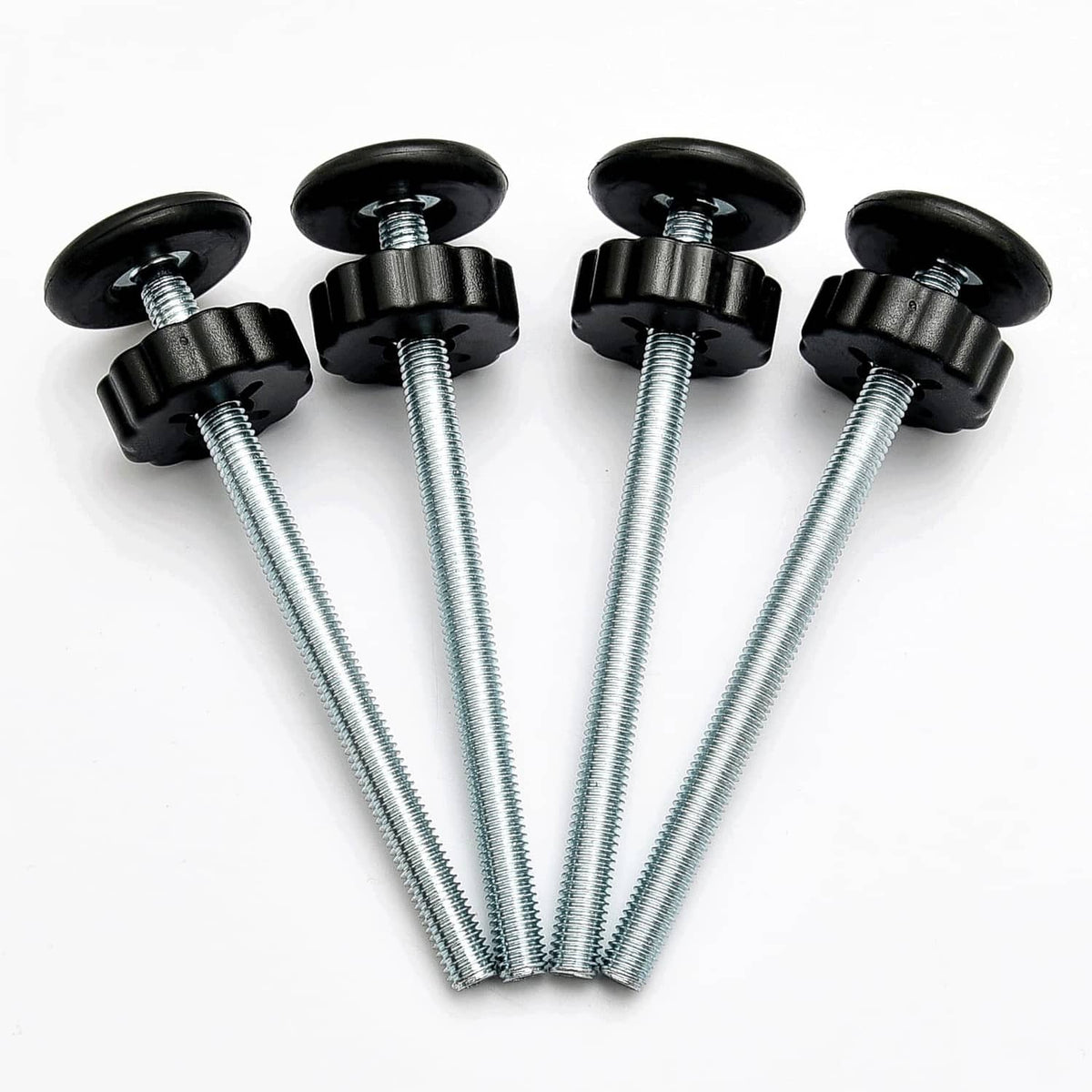 Set of black gate spindle knobs with four long silver threaded rods