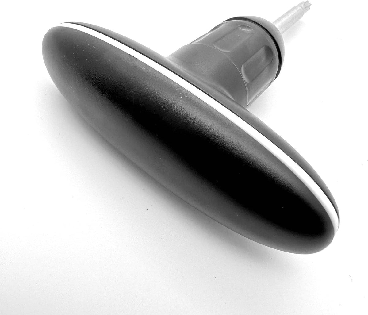 Dark gray golf torque wrench head with shiny metal bit end