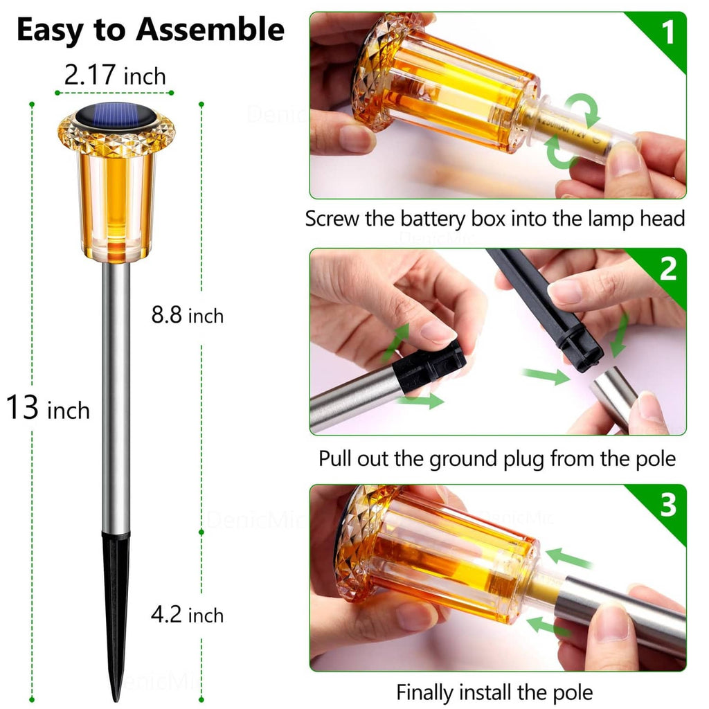Solar stake light assembly steps with dimensions and ground plug shown