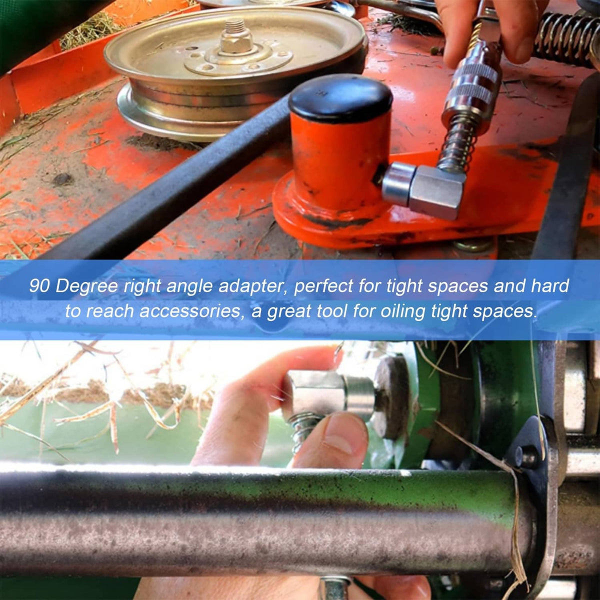 Wevdn 90-degree grease coupler adapter in use on machinery, steel fitting
