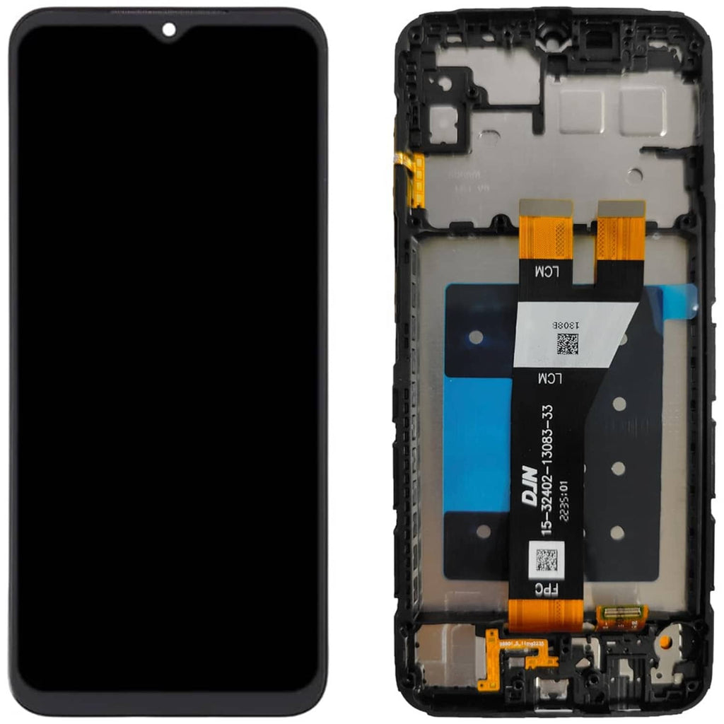 Black phone display front and exposed back frame with ribbon cables