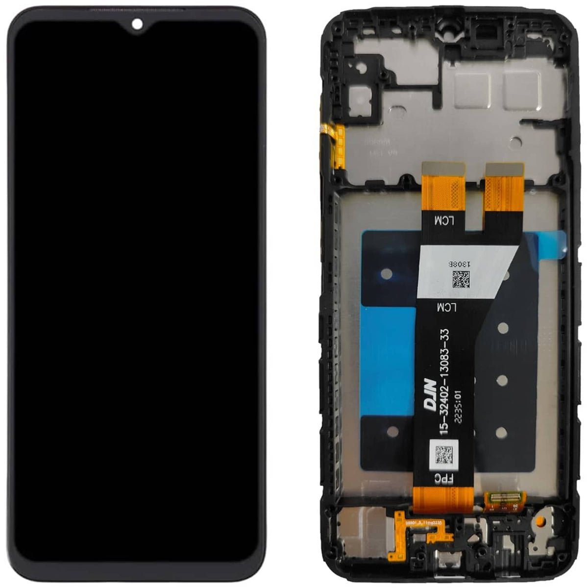 Black phone display front and exposed back frame with ribbon cables