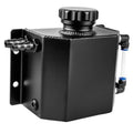Black aluminum coolant overflow reservoir tank with cap and side hose fittings