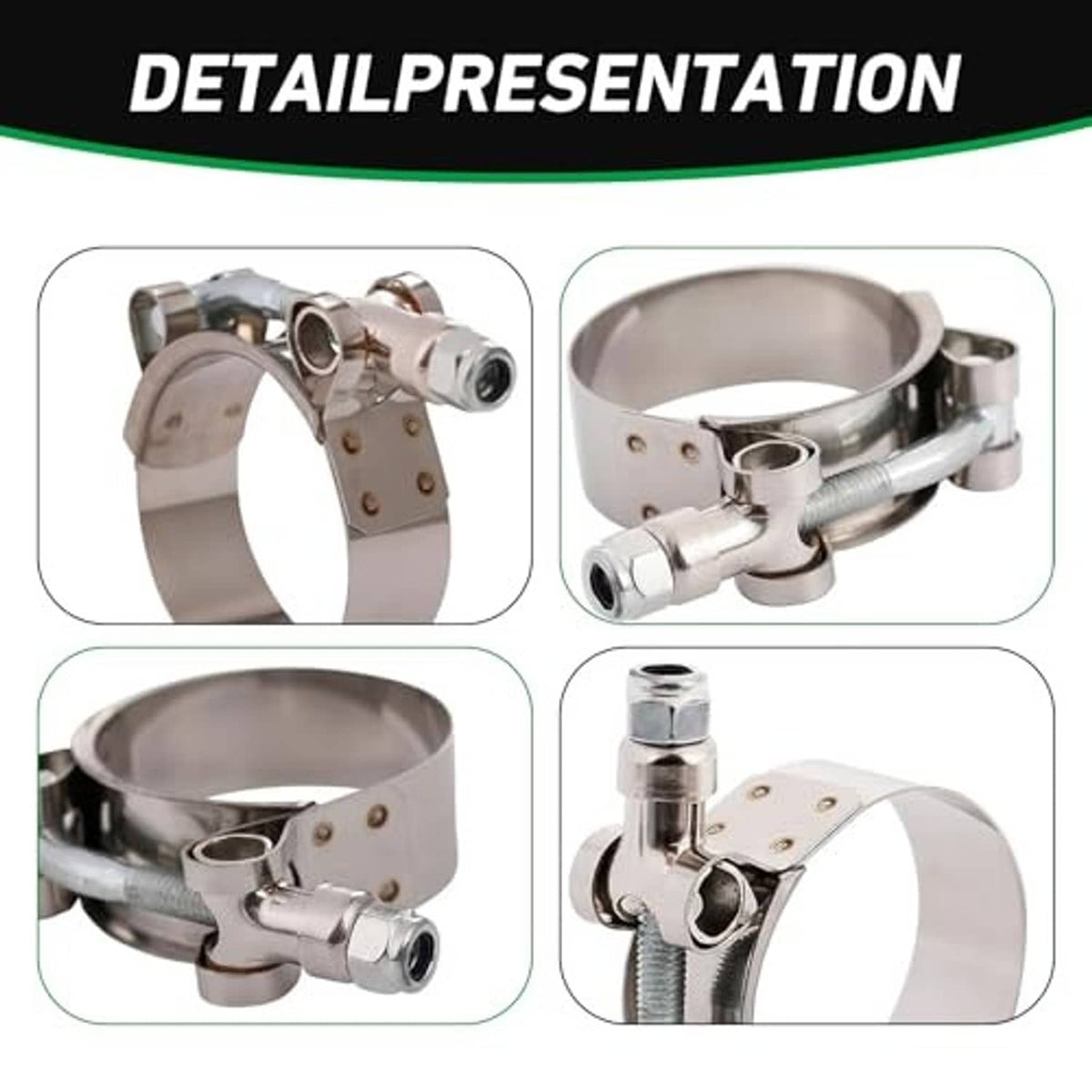 Stainless steel T-bolt hose clamp details showing band holes, bolts, and screw head