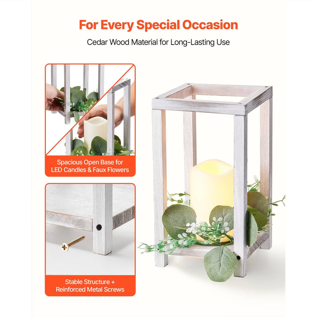White wooden lantern with LED candle and faux eucalyptus greenery, open frame with hand