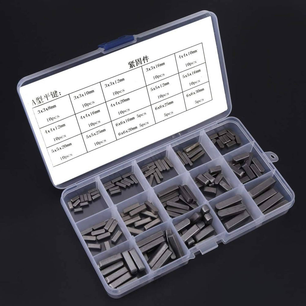 Feather key stock assortment in open plastic case with dividers, dark rectangular keys