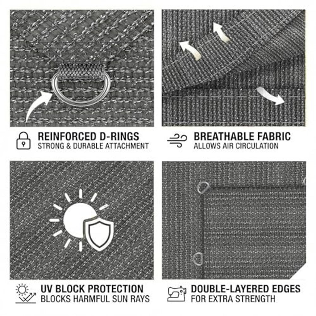 Reinforced gray sun shade fabric with D-ring details, double-layer edges, and venting