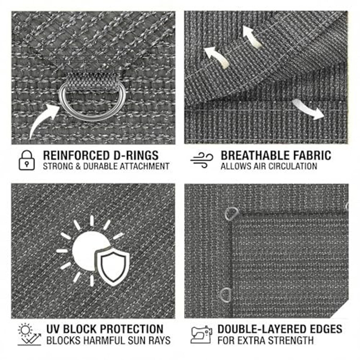 Reinforced gray sun shade fabric with D-ring details, double-layer edges, and venting