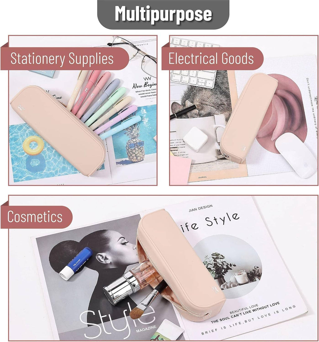 Beige zip pencil pouch shown with pens and cosmetics