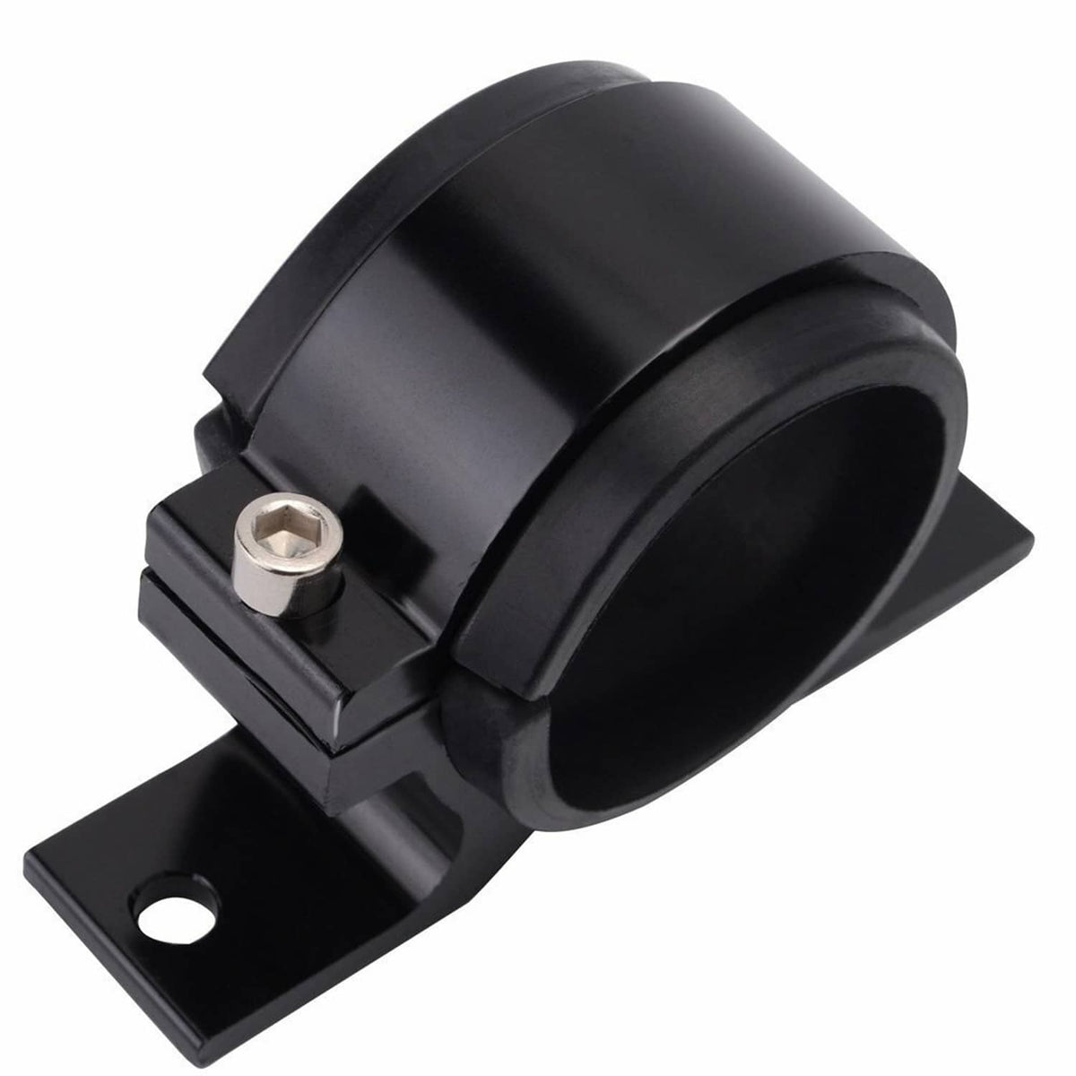 Black single clamp fuel pump bracket with mounting holes and hex fastener