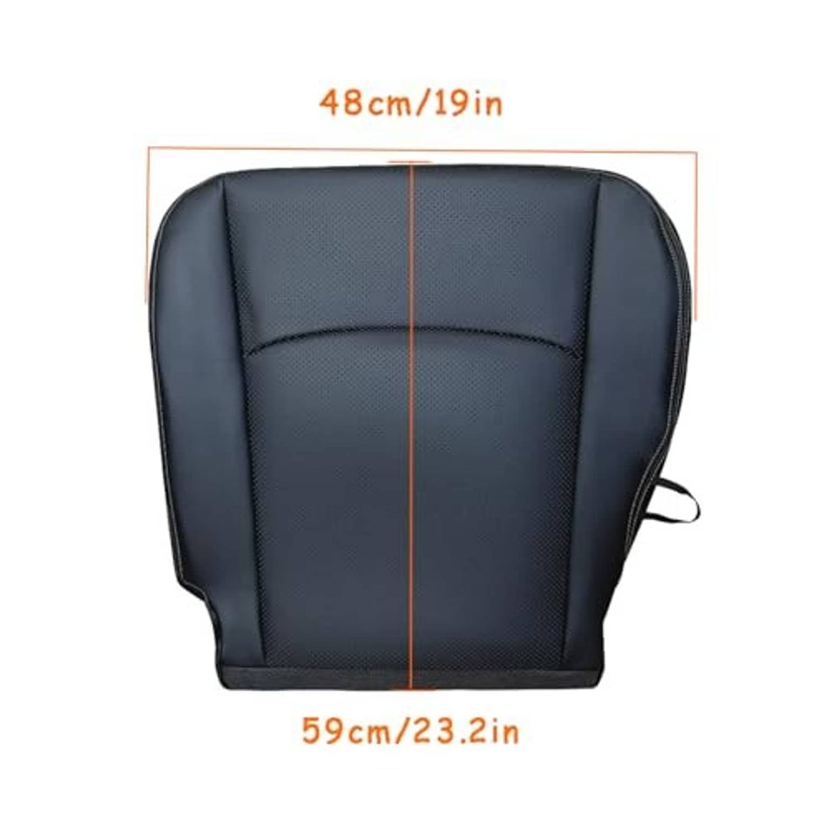 Black artificial leather seat bottom cover with seam lines and measurement labels