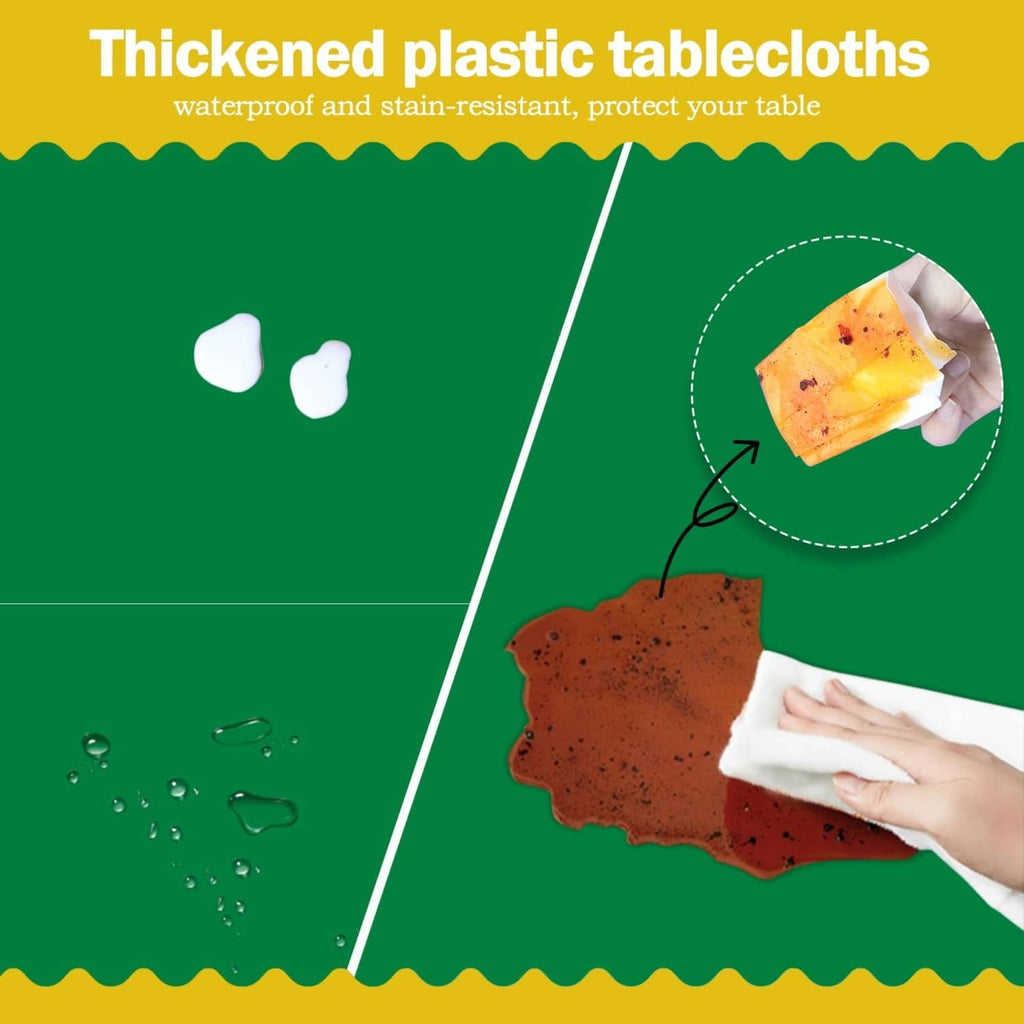 Green plastic tablecloth with waterproof, stain-resistant and durable protection icons