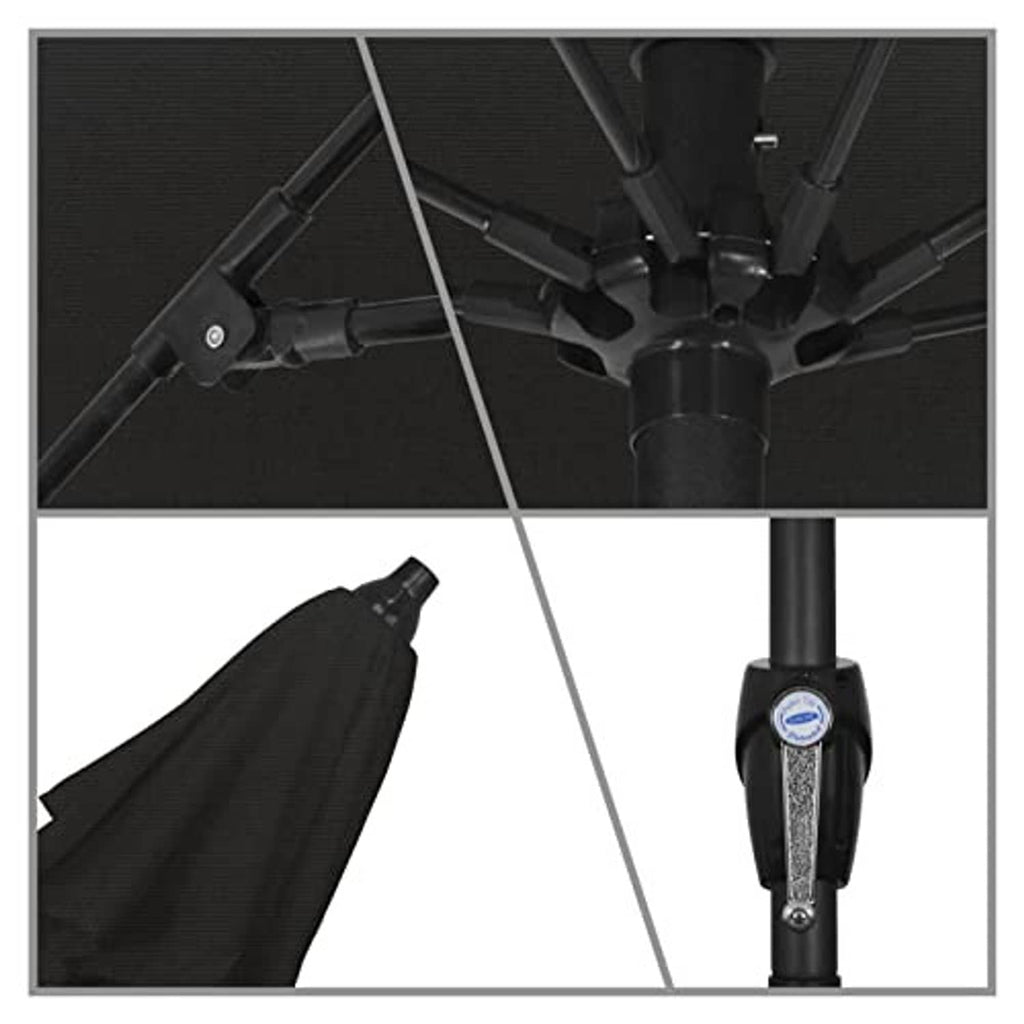 Black patio umbrella canopy with underside rib supports and crank pole detail