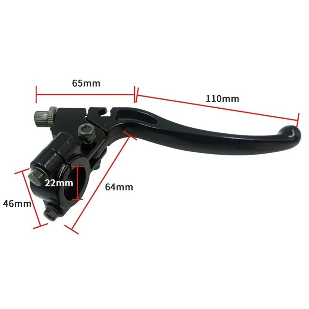 Black handlebar brake clutch levers with perch, shown with length dimensions