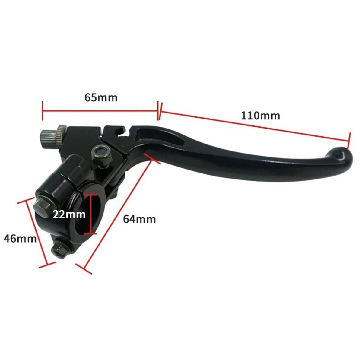 Black handlebar brake clutch levers with perch, shown with length dimensions