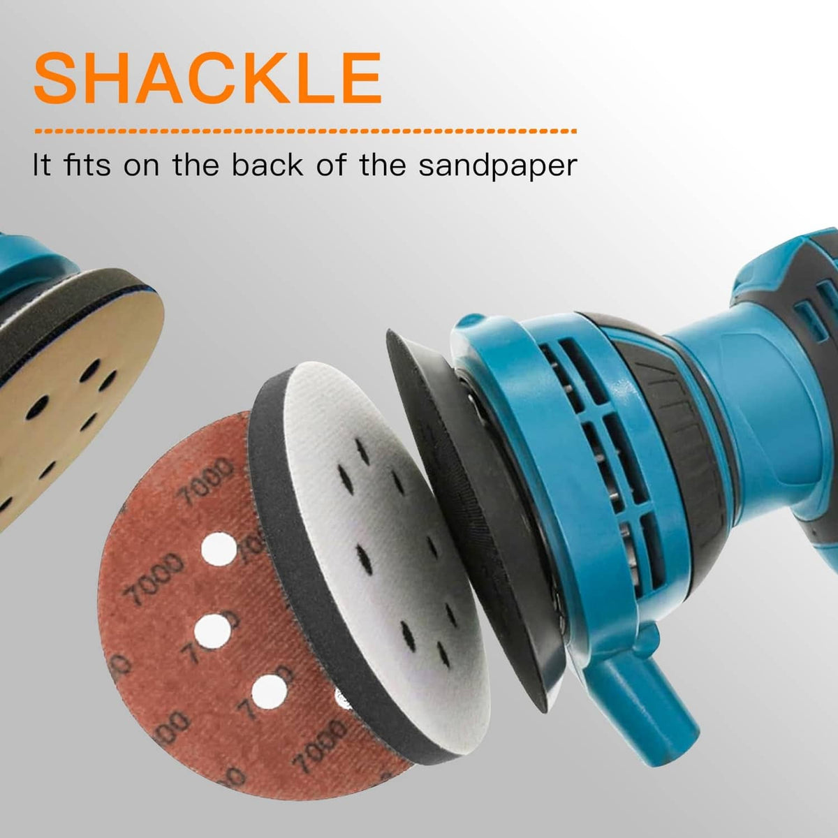 Orbital sander with attached black sanding interface pad and foam backing