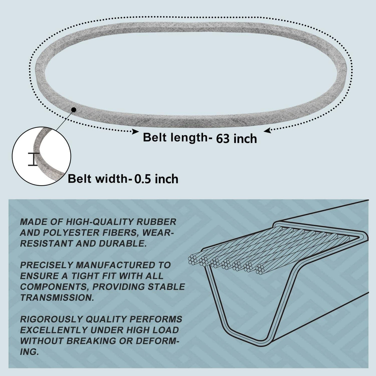Gray mower deck drive belt showing belt length 63 in and width 0.5 in.