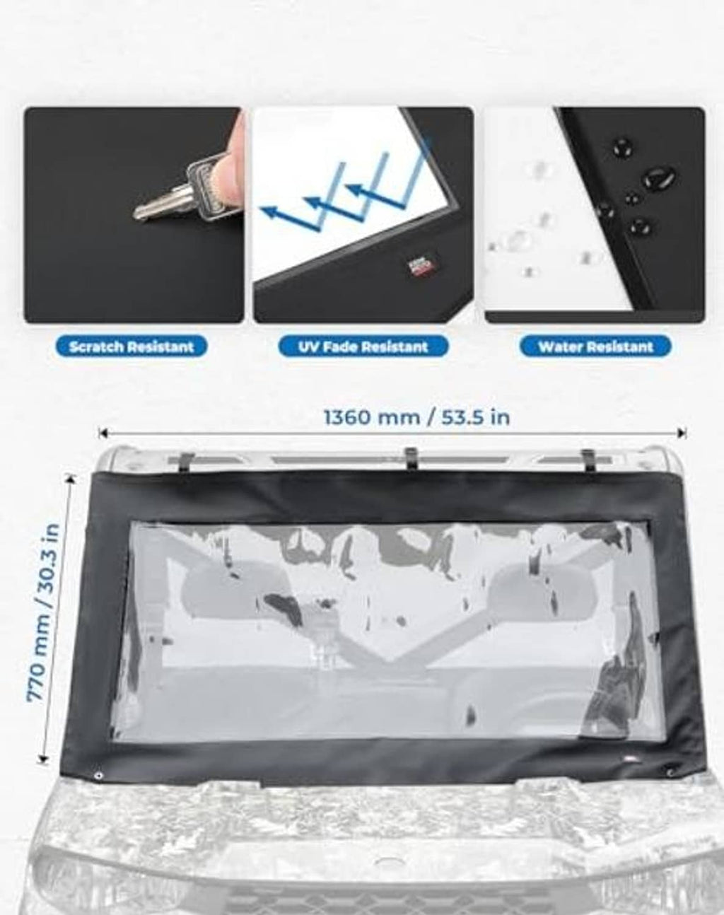 Soft front windshield with clear PVC window, dark frame, clips and size measurement