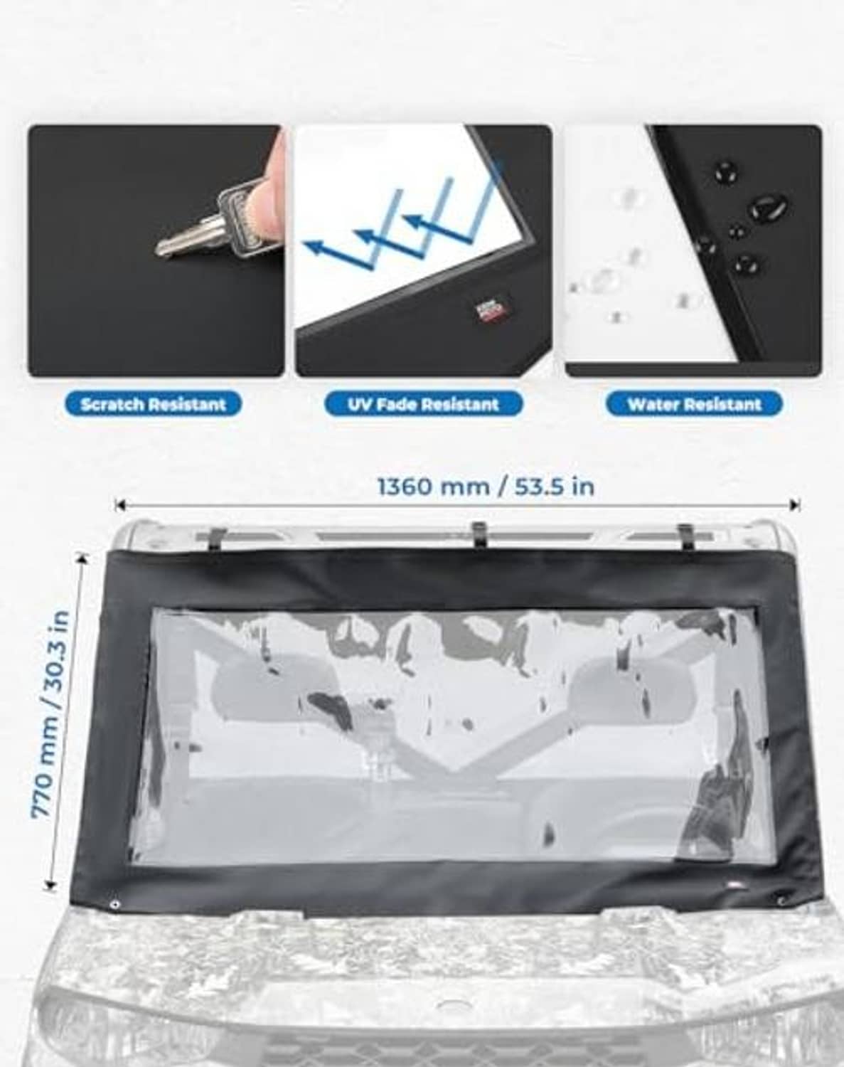 Soft front windshield with clear PVC window, dark frame, clips and size measurement