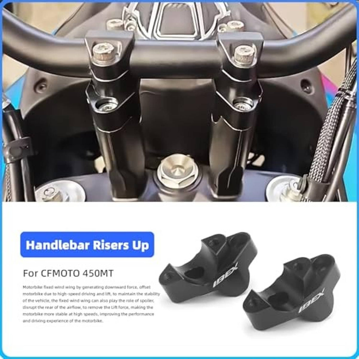 Handlebar risers mounted on a motorcycle handlebar with exposed clamp bolts