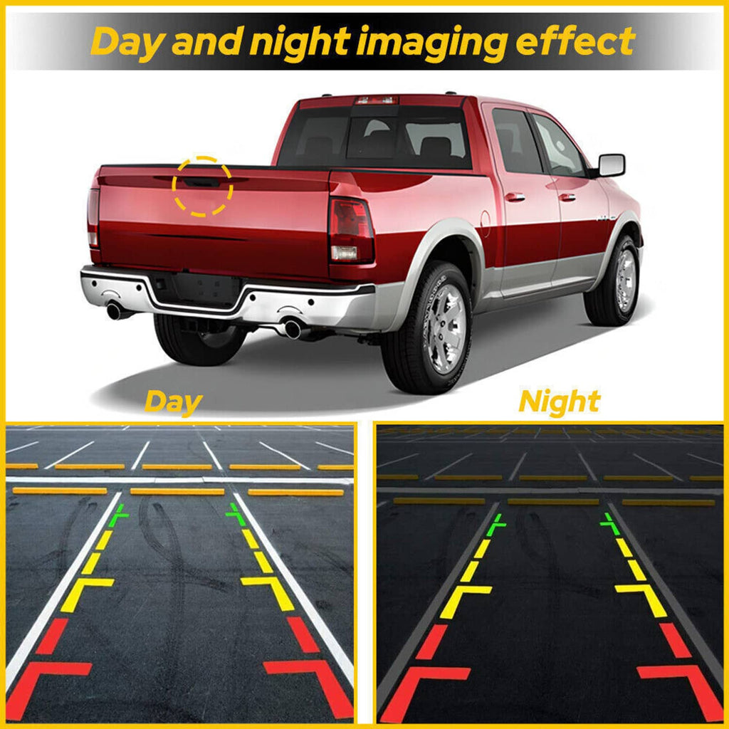 Rear tailgate handle backup camera showing day and night parking lines