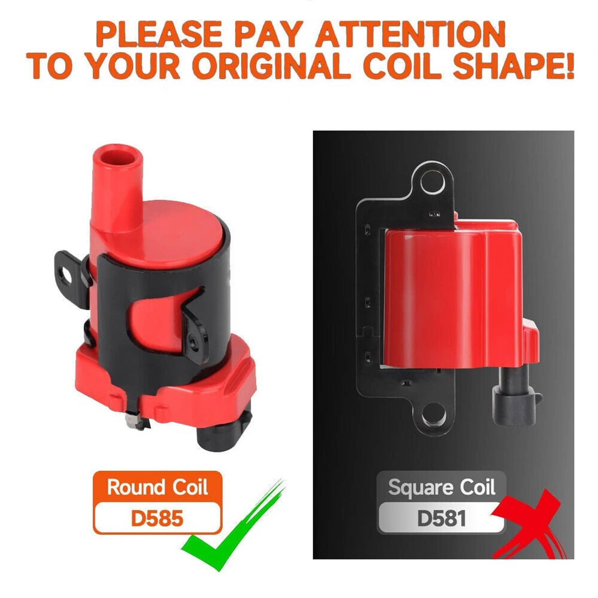 Round ignition coil pack with red housing and black mounting, and comparison view
