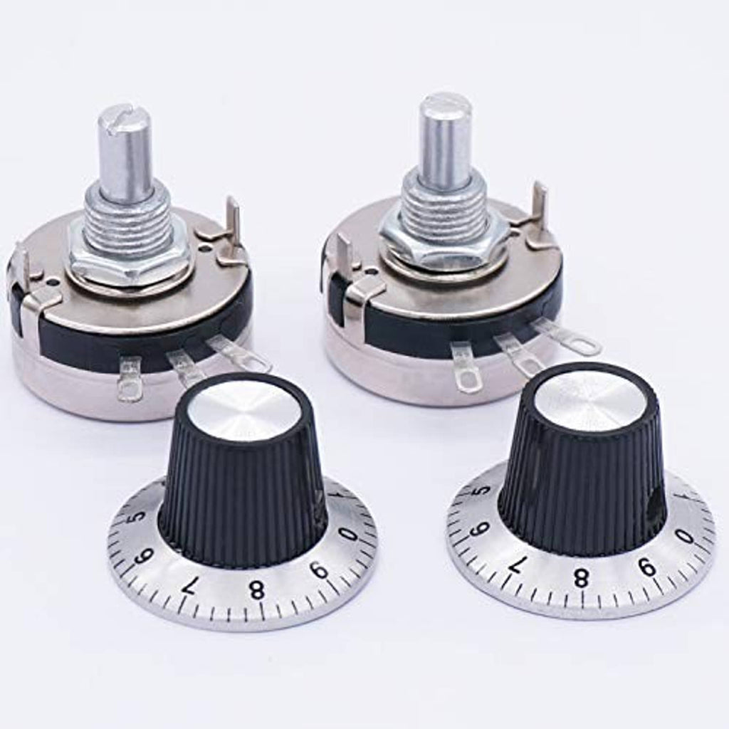 Four views of rotary potentiometers: black knobs, silver housings, and metal pins
