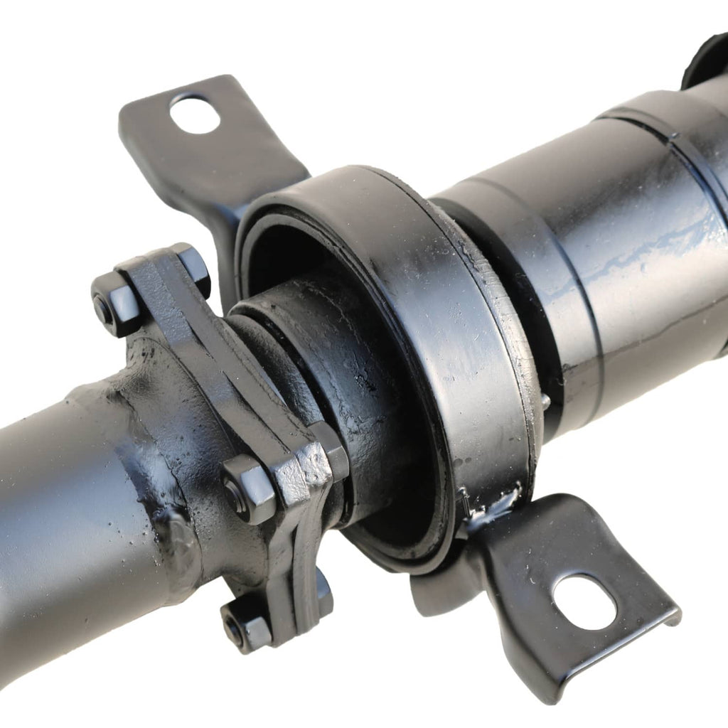 Rear driveshaft center carrier with black rubber isolator and metal brackets, blue-gray housing