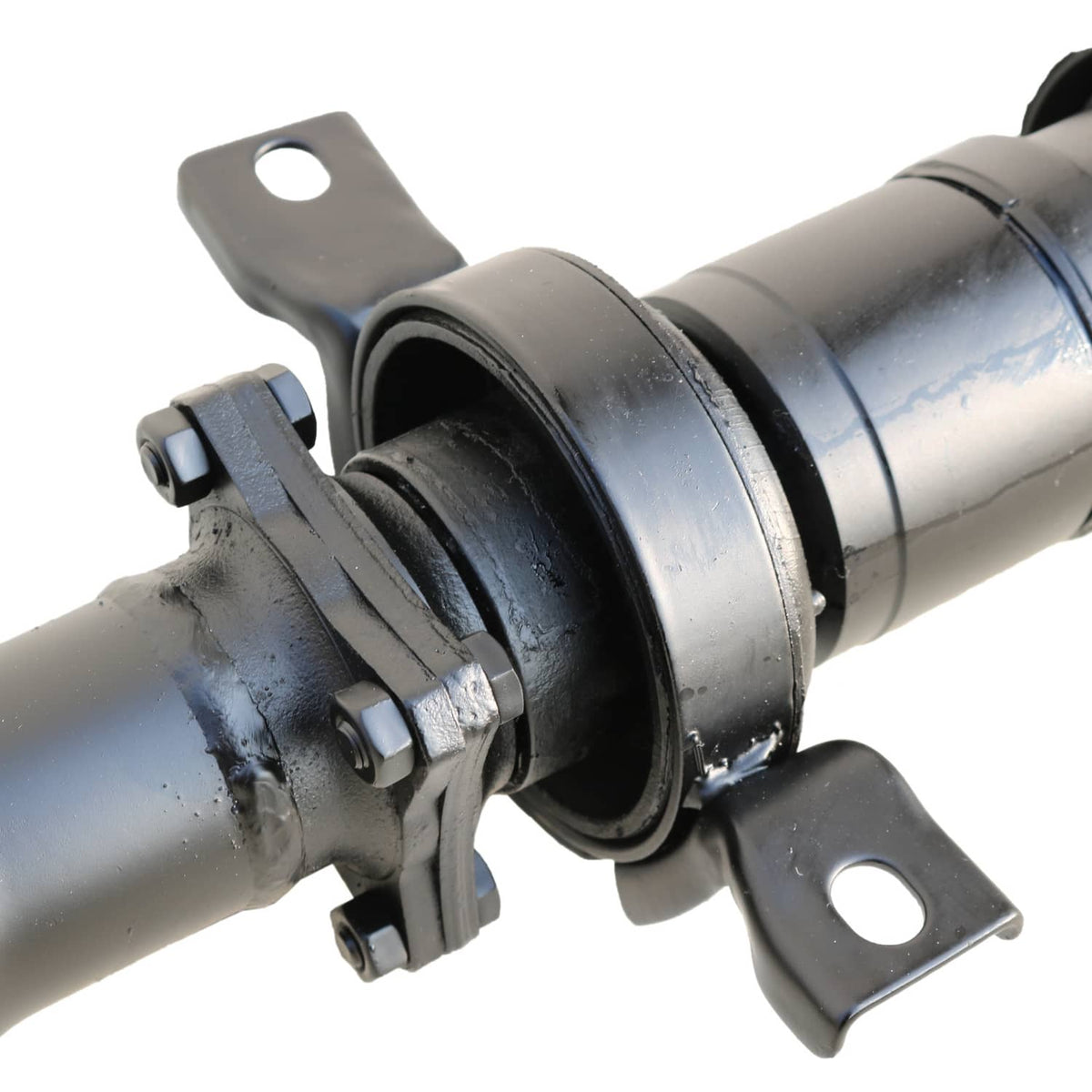 Rear driveshaft center carrier with black rubber isolator and metal brackets, blue-gray housing