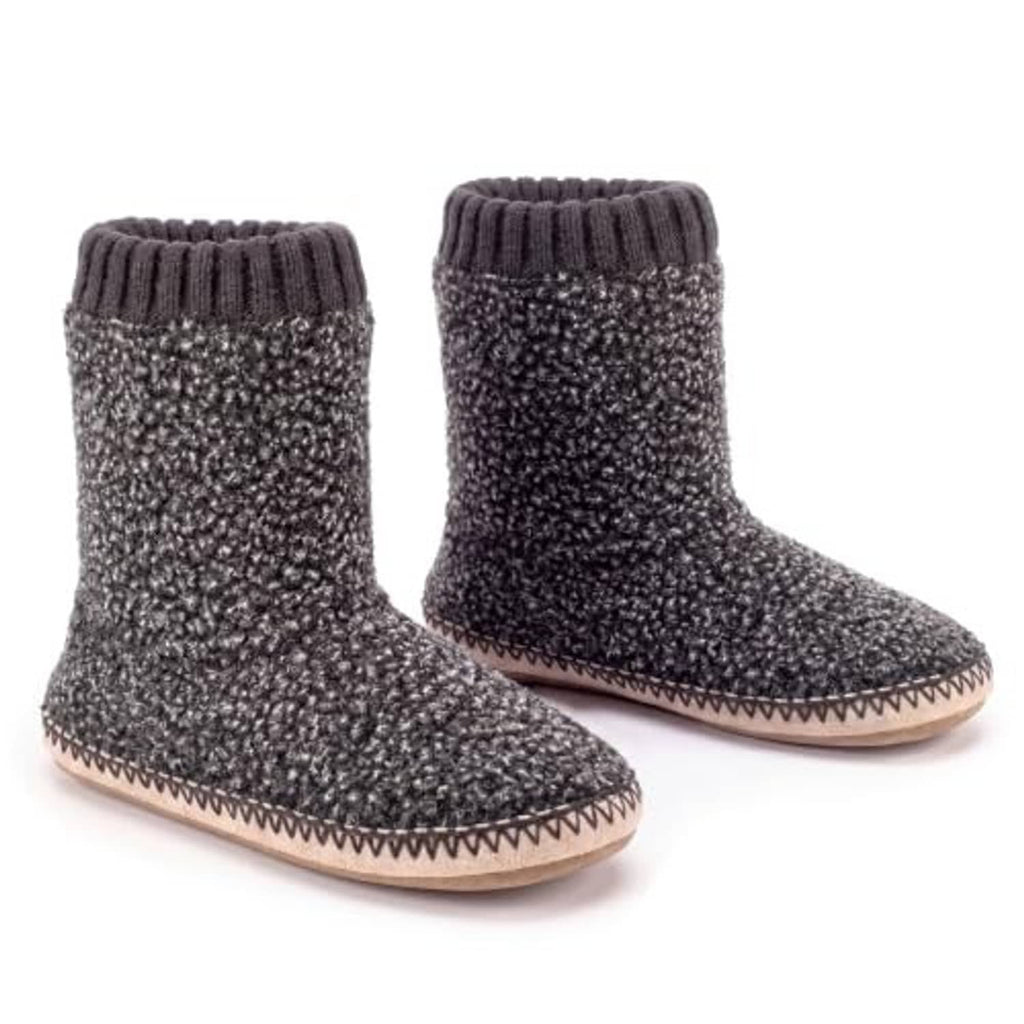 Men's dark grey fuzzy boot slippers with ribbed knit cuffs and tan stitched sole