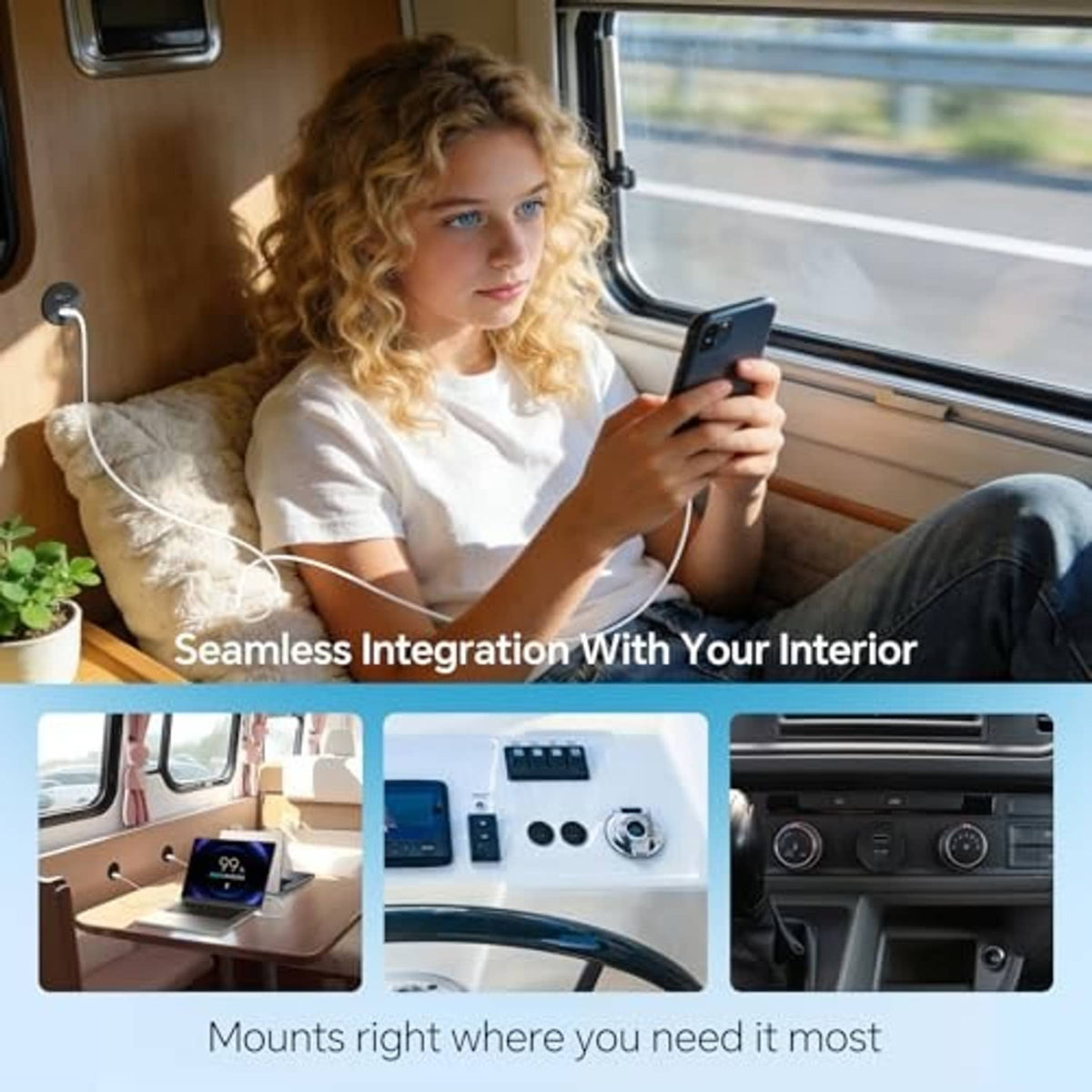 Black dual USB car charger connected to a phone for charging inside a vehicle cabin
