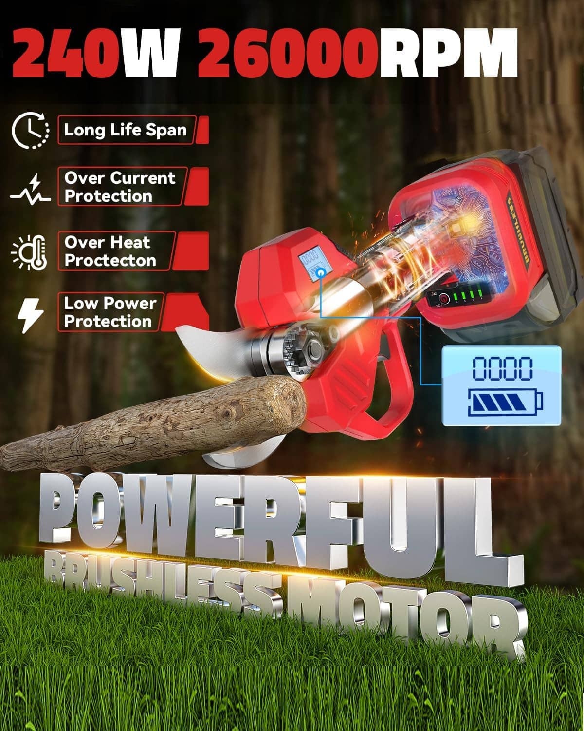 Red battery-powered pruning shears with display panel and speed/power indicators