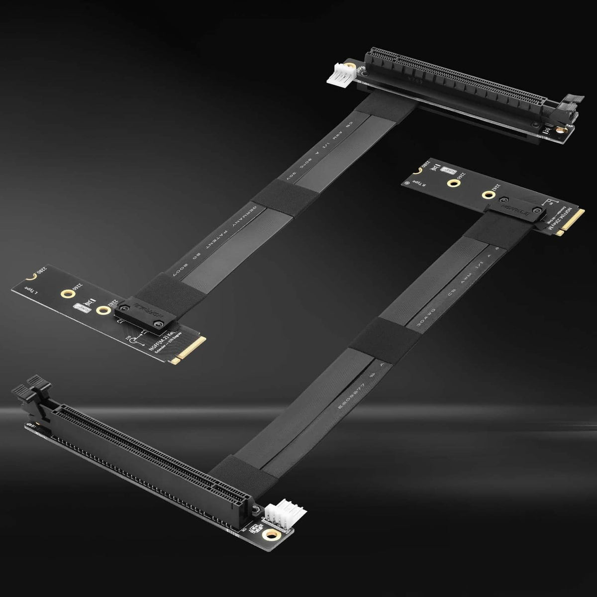 Black M.2 NGFF to PCIe x16 riser card showing both board ends and ribbon cable
