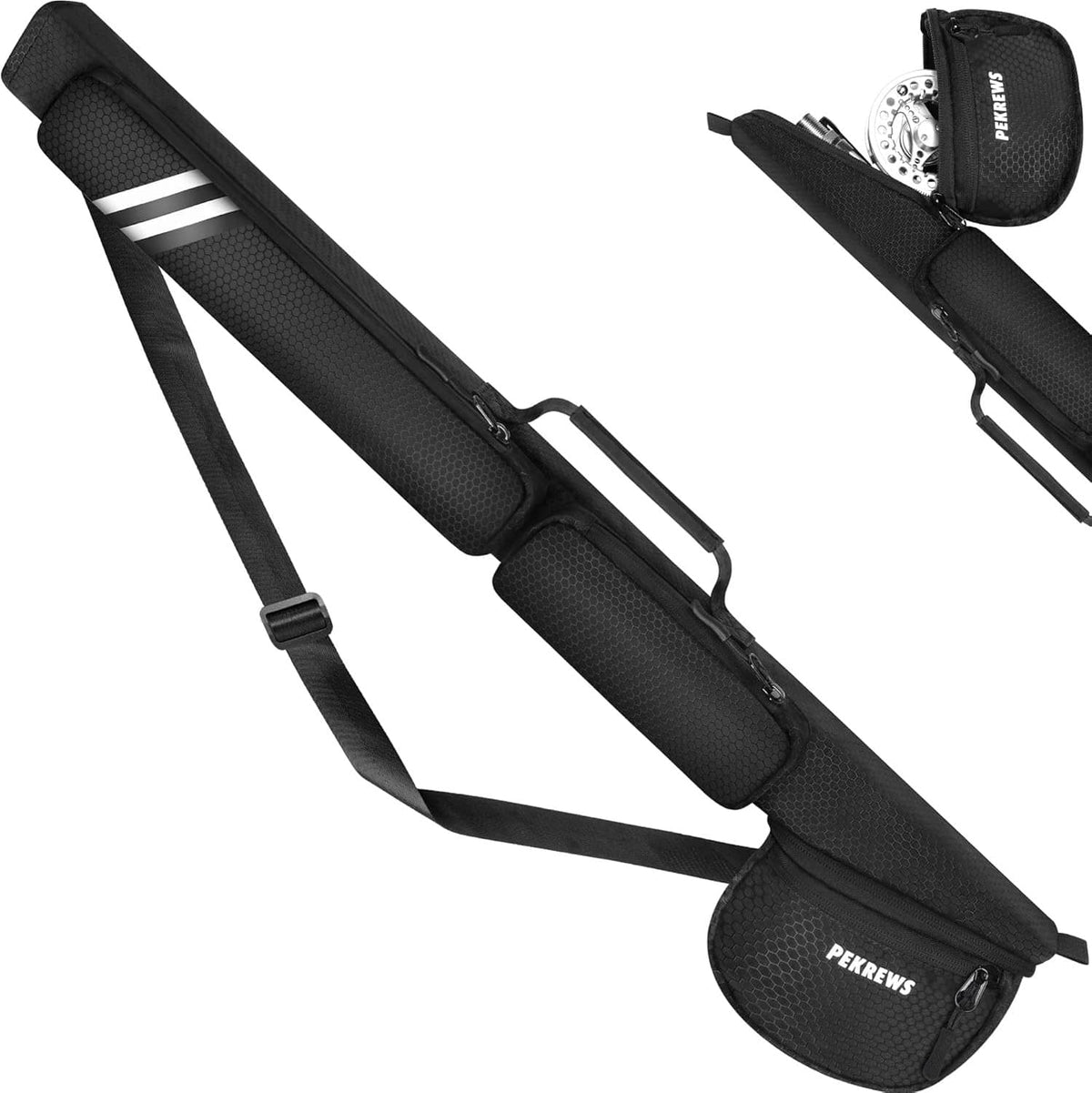 Padded black fly rod case with shoulder strap and zippered reel pouch
