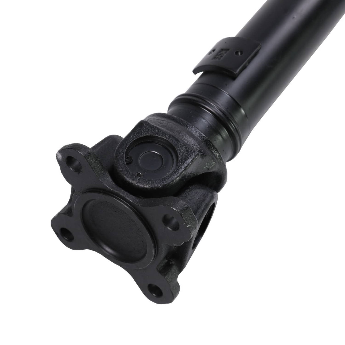 Front driveshaft prop shaft front end with black U-joint housing and flange mounts