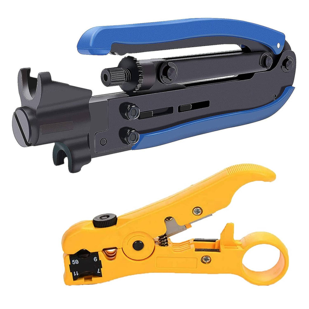 RG6/RG11 coax compression crimper tool with blue handles and black body