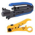 RG6/RG11 coax compression crimper tool with blue handles and black body