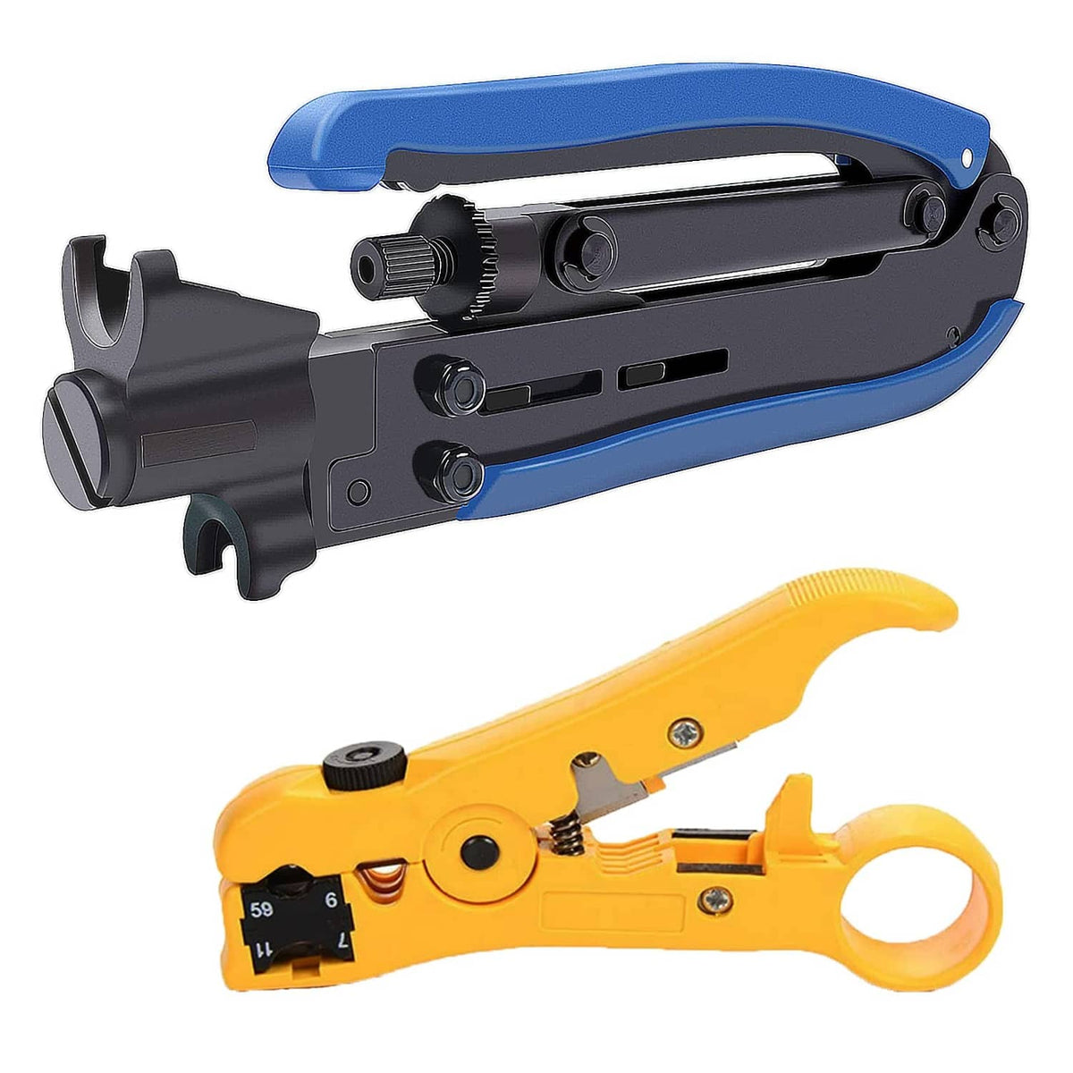 RG6/RG11 coax compression crimper tool with blue handles and black body