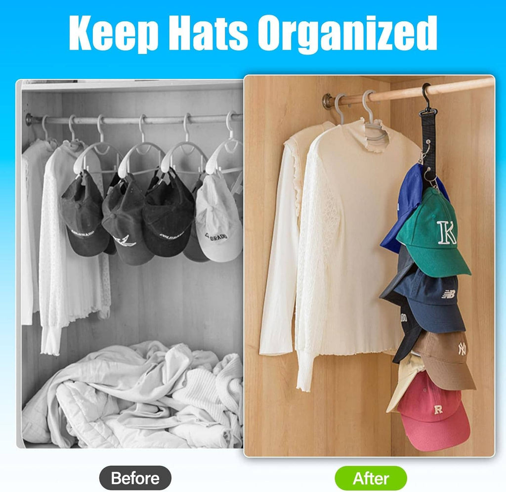 Hanging hat organizer with hooks storing caps neatly instead of cluttered hats