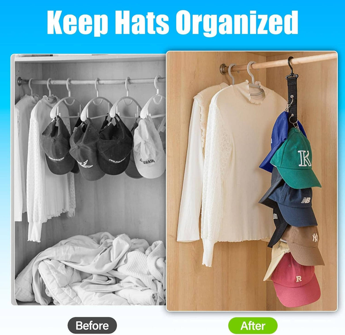 Hanging hat organizer with hooks storing caps neatly instead of cluttered hats