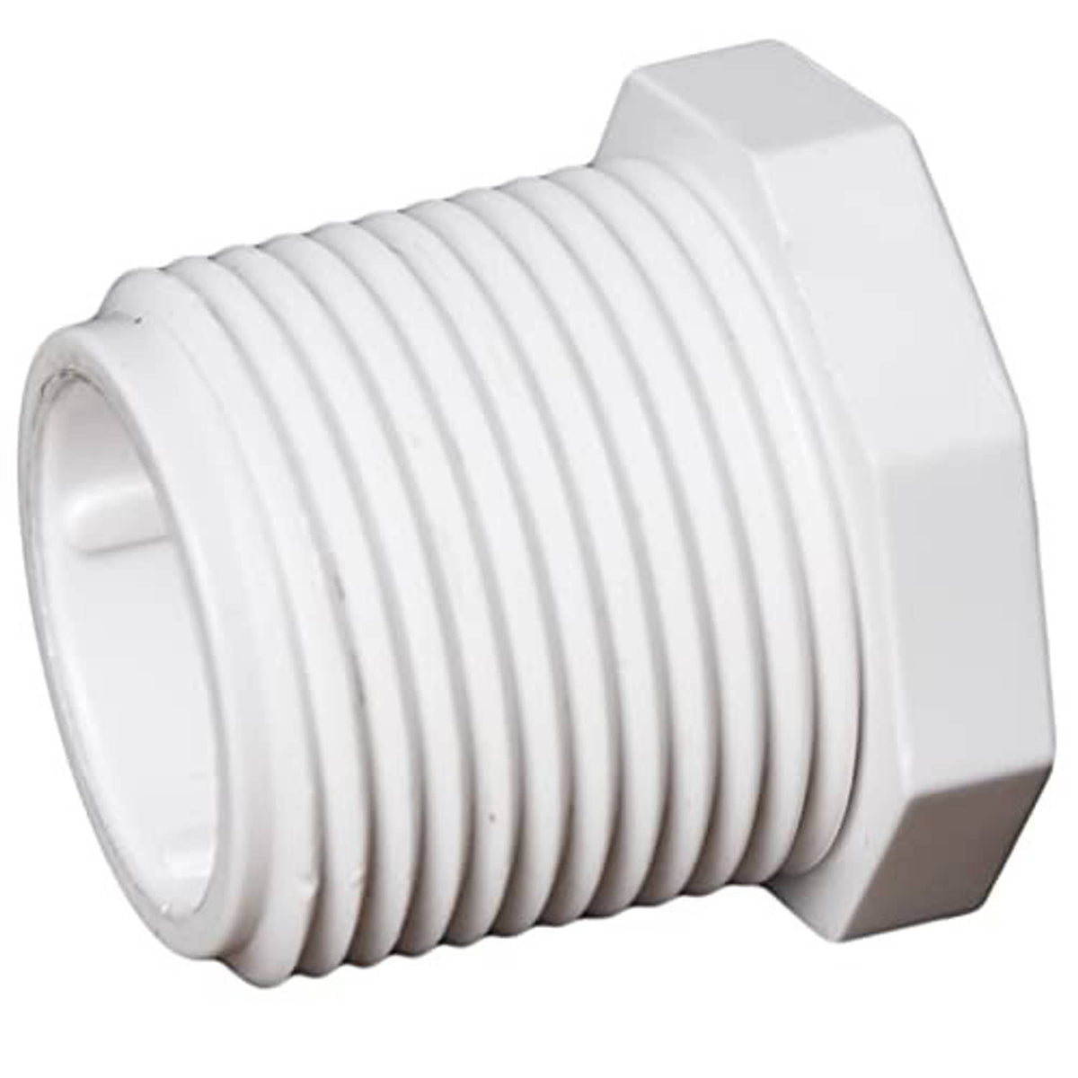White PVC male threaded cleanout plug drain end cap, angled view of threaded coupling