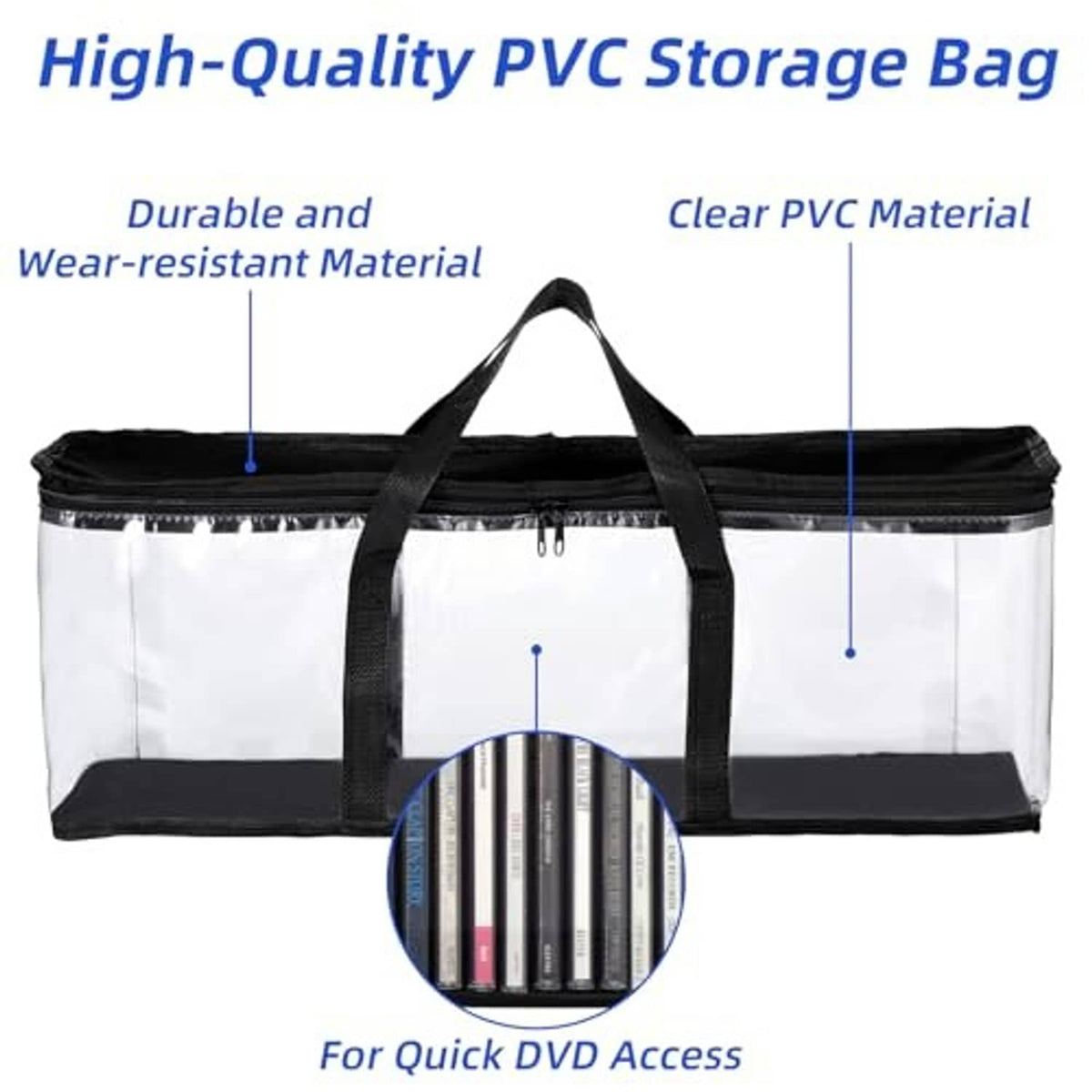 DVD storage bag with clear PVC body, black top, and reinforced handles