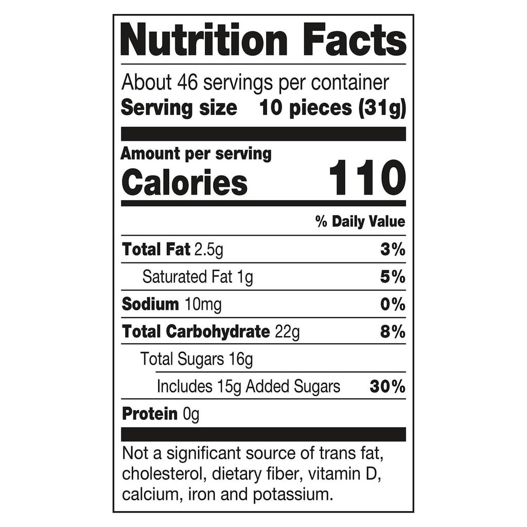 Nutrition facts label: serving size 10 pieces, calories 110, sugars 16g